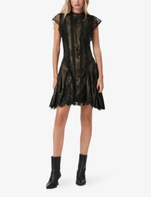 Allsaints Womens Metallic Gold Fleur High-neck Lace Mini Dress In Black