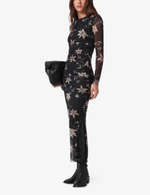 Allsaints Womens Petra Sepia Br Caia Floral-print Stretch-mesh Maxi Dress In Black