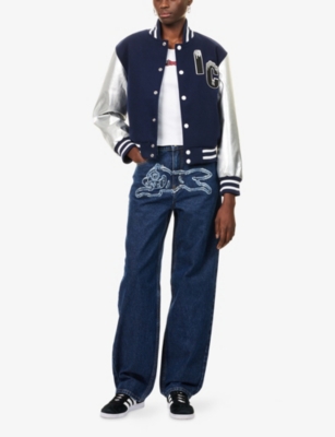 Icecream Womens Navy Silver Cherry Embroidered Woven Varsity Jacket Xs In Blue