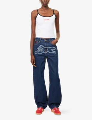 Icecream Womens Indigo Frayed-applique Running Dog Denim Jeans In Purple