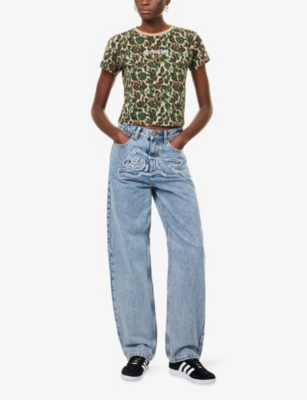 Icecream Womens Light Wash Blue Frayed-applique Running Dog Denim Jeans In Blue
