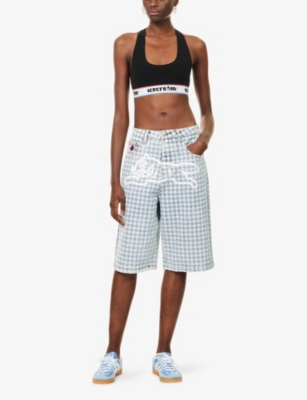 Icecream Womens Light Wash Blue Houndstooth Running Dog Faded Denim Shorts In Multi