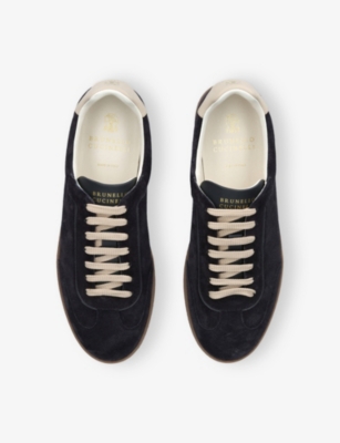 Brunello Cucinelli Mens Navy Foiled-logo Suede Low-top Trainers Eur 42 / 8 Uk In Blue