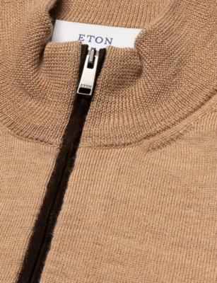 Eton Mens Yellow Quarter-zip Knitted Wool Jumper In Brown