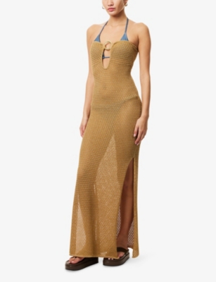 Monday Swimwear Womens Gold Lurex Lace Crochet Montego Bandeau Metallic Knitted Maxi Dress In Neutral