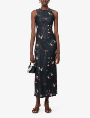 Eckhaus Latta Womens Black Pansy El Duet Stretch-mesh Midi Dress Xs In Black