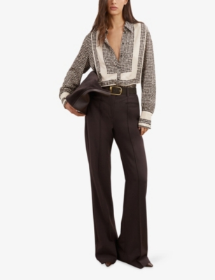 Reiss Womens Ivory Black Harper Tile-print Woven Shirt In Black