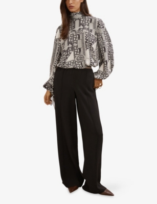 Reiss Womens Ivory Black Harry Tile-print Woven Blouse In Multi