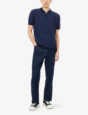 Arne Mens Navy Square Short-sleeve Knitted Polo Shirt In Blue