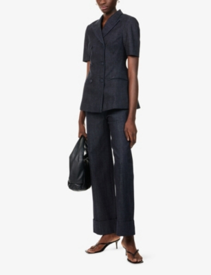 Mona Alshebil Womens Dark Blue Double-breasted Peak-lapel Denim Jacket In Blue