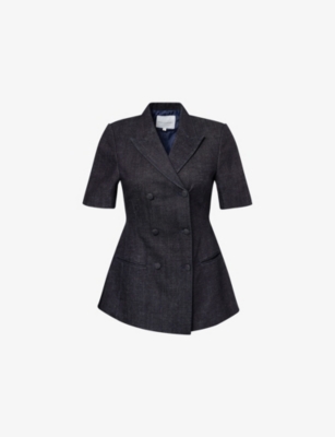 MONA ALSHEBIL: Double-Breasted Peak-Lapel Denim Jacket