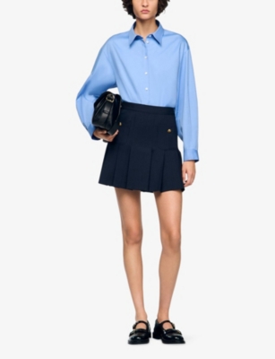 Sandro Womens Striped Flared Stretch-wool Mini Skirt Navy Blue In Blue