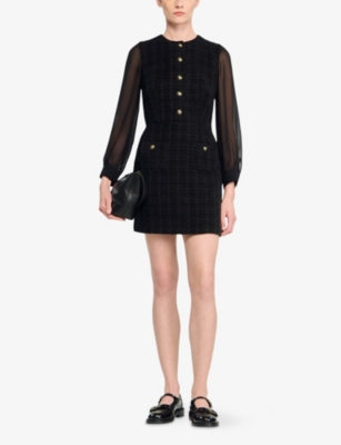 Sandro Womens Round-neck Button-down Woven Mini Dress Black In Black