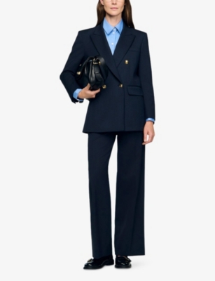 Sandro Womens Navy Blue Pinstripe Long-sleeve Wool-blend Blazer In Blue