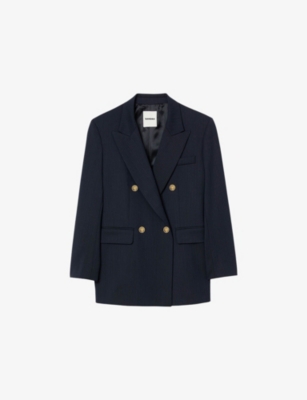 Sandro Womens Navy Blue Pinstripe Long-sleeve Wool-blend Blazer