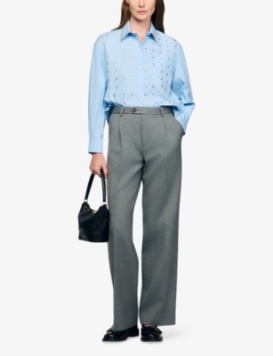 Sandro Womens Sky Blue Rhinestone-embellished Cropped Cotton Shirt In Blue