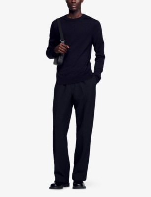 Sandro Mens Navy Blue Crewneck Knitted Wool Jumper In Blue