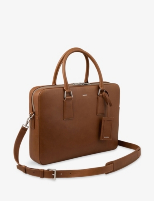 Sandro Mens Cognac Grained Large Leather Briefcase In Brown