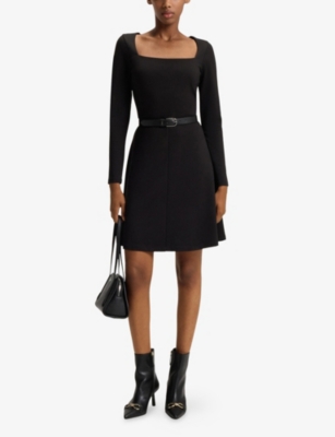 Hugo Boss Womens Black Square-neck Long-sleeved Stretch-jersey Mini Dress In Black