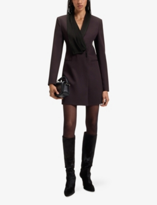 Hugo Boss Womens Open Purple Tuxedo-style Contrast-lapel Wool Mini Dress In Purple