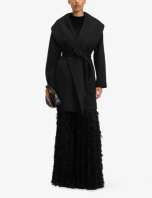 Hugo Boss Womens Black Relaxed-fit Belted-waist Wool-blend Coat In Black