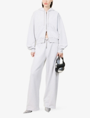 Alexander Wang Omens Light Heather Grey Rhinestone Drawcord Cropped Cotton-jersey Hoodie In Gray