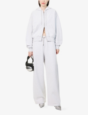 Alexander Wang Omens Light Heather Grey Rhinestone Drawcord Wide-leg Cotton-jersey Jogging Bottoms In White
