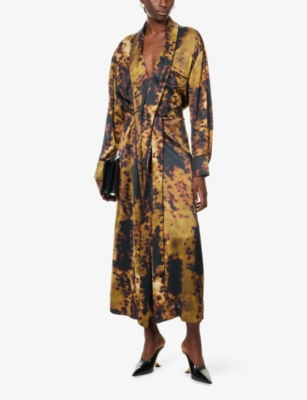 Victoria Beckham Womens Olive Brown Wrap Shawl-collar Woven Midi Dress In Brown