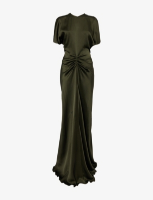 Victoria Beckham Womens Dark Olive Split-short-sleeve Regular-fit Woven Midi Dress In Green