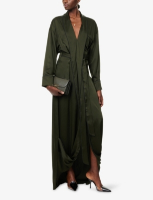 Victoria Beckham Womens Dark Olive Wrap Shawl-collar Woven Gown In Green