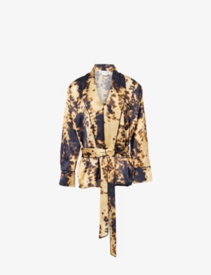 Victoria Beckham Womens Honey Dark Teak Belted Shawl-collar Woven Blouse In Yellow