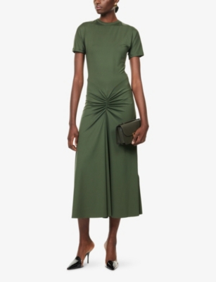 Victoria Beckham Womens Oregano Ruched Short-sleeves Stretch-woven Midi Dress In Green