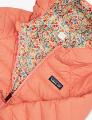 Patagonia Tiny World: Lichen Green Reversible Quilted Shell-down Hoody 12 Months-5 In Orange