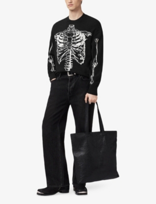 Allsaints Mens Black Skelli Graphic-print Long-sleeve Wool-blend Jumper Xs In Black