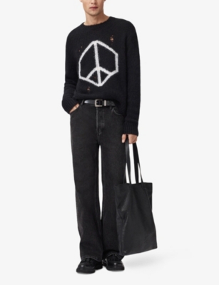 Allsaints Mens Black Message Crewneck Knitted Jumper Xs In Black