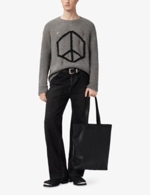 Allsaints Mens Gunmetal Grey Message Crewneck Knitted Jumper Xs In Gray