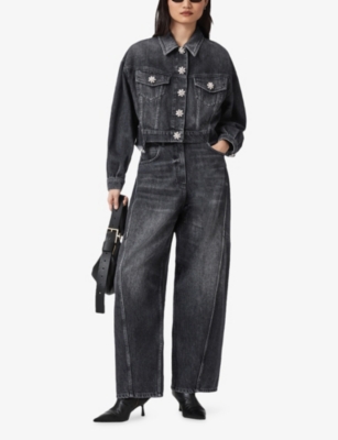 Allsaints Womens Washed Black Carter Barrel-leg Mid-rise Denim Jeans In Black