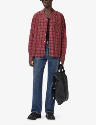 Allsaints Mens Claret Red Felix Resort-collar Checked Cotton Shirt Xs In Red
