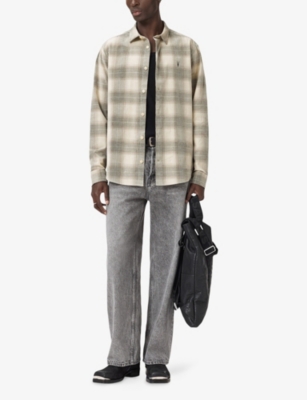 Allsaints Mens Sandshell Taup Yuki Logo-embroidered Checked Cotton Shirt In Gray