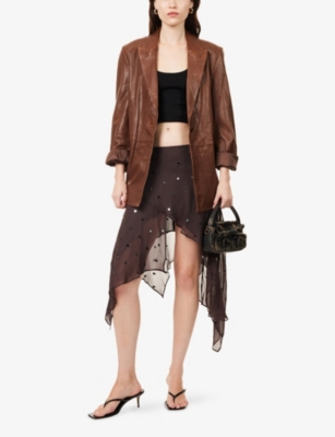 Bec & Bridge Womens Dark Chocolate Sequin Arielle Asymmetric Woven Mini Skirt In Brown