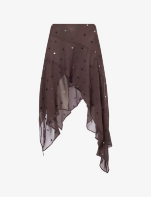Bec & Bridge Womens Dark Chocolate Sequin Arielle Asymmetric Woven Mini Skirt In Brown