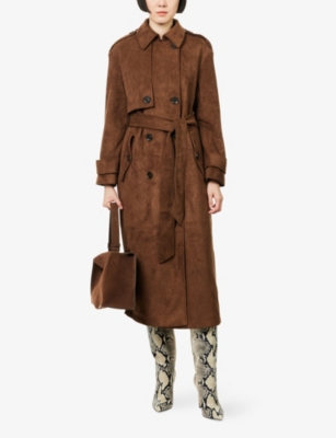 Pretty Lavish Womens Brown Agnes Belted Faux-suede Trench Coat In Brown