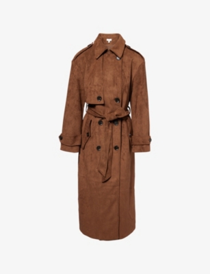Pretty Lavish Womens Brown Agnes Belted Faux-suede Trench Coat