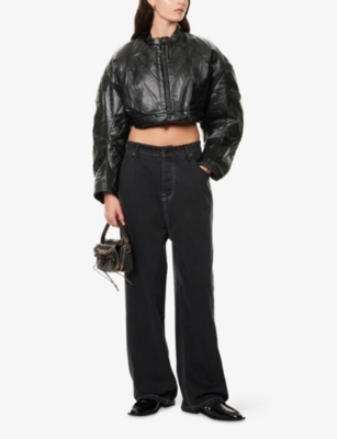 Niihai Womens Black Boxy-fit Cropped Faux-leather Jacket In Black