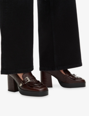 The Kooples Womens Brown Buckle-embellished Lizard-embossed Leather Block-heel Loafers Eur 36 / 3 Uk In Brown