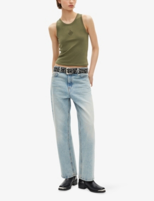 The Kooples Womens Kaki Brand-embroidered Round-neck Cotton-jersey Vest Xs In Green