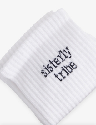 Sisterly Tribe Womens White/ Black Logo-print Stretch Cotton-blend Crew Sock In Multi