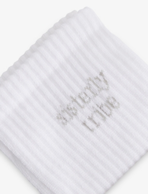 Sisterly Tribe Womens White/ Grey Logo-print Stretch Cotton-blend Crew Sock In Multi