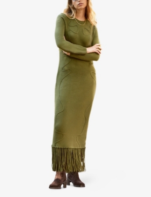 Ro&zo Womens Khaki Appliquéd Knitted Midi Dress Xs In Green