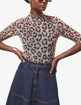 Ro&zo Womens Brown Leopard-print Slim-fit Mesh Top In Brown